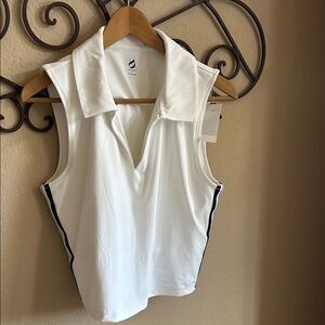 LOFT White Sleeveless Collared Tank with Navy & light green Side Trim